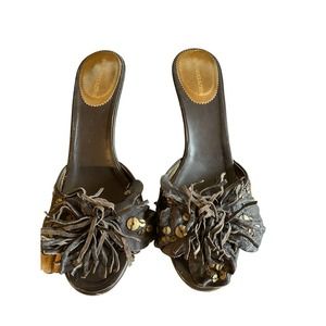 BCBG Maxazria Womens Leather Fringe Heel Sandal Size 7.5B Brown